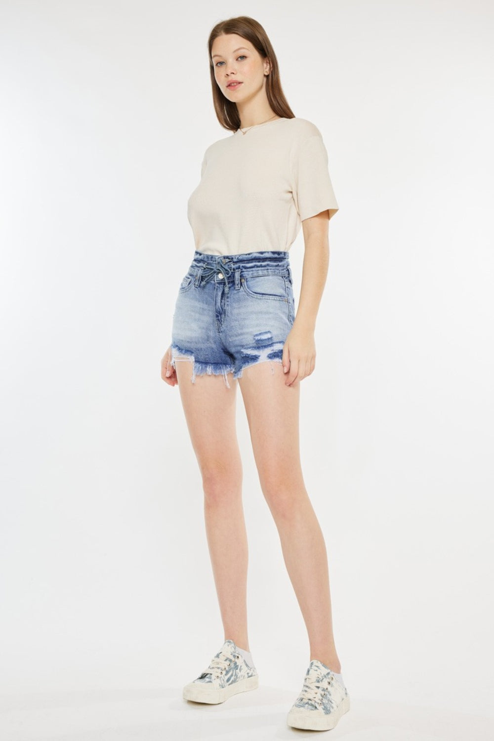 Kancan High Rise Frayed Hem Denim Shorts