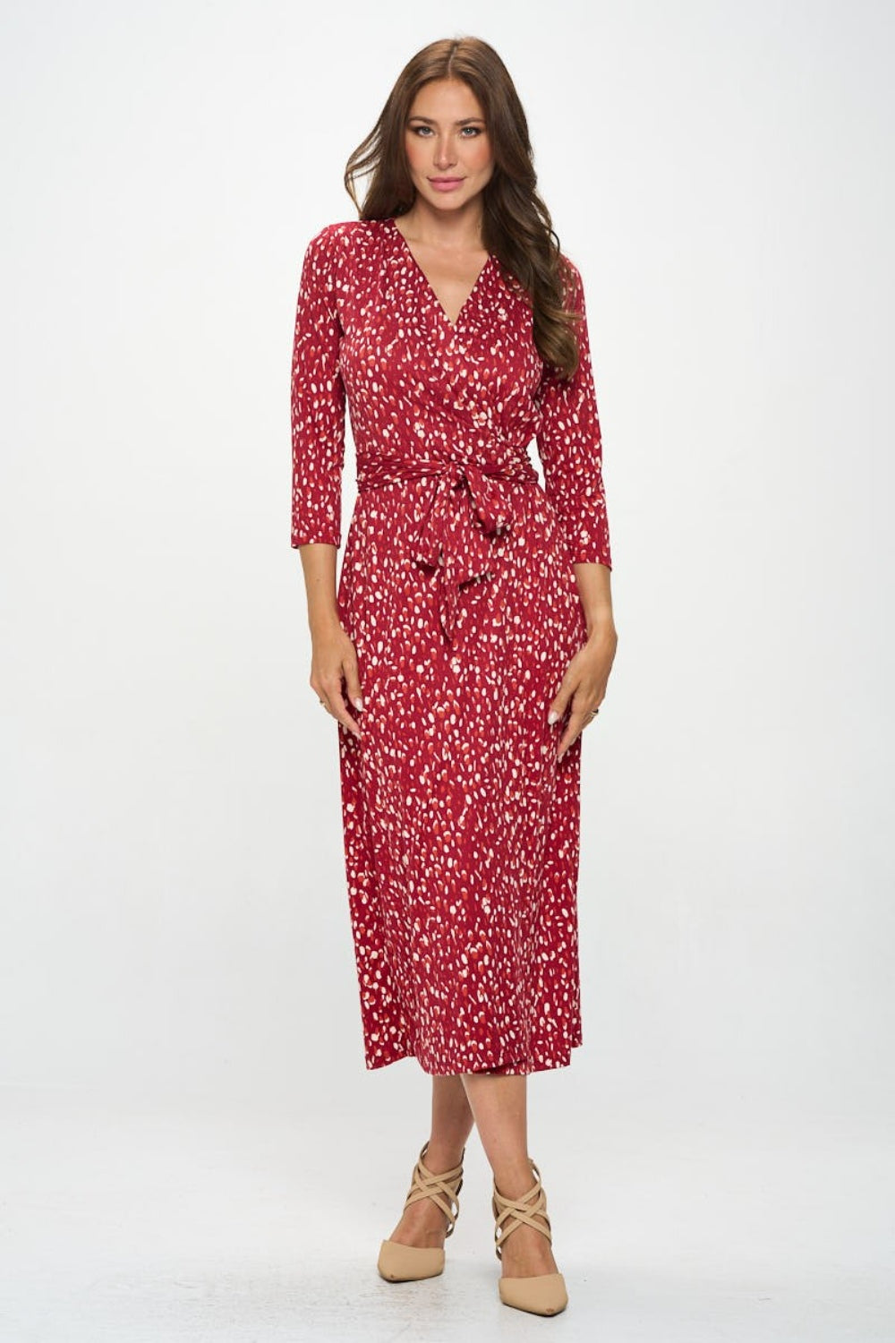 RENEE C Printed Tie Front Surplice Midi Dress