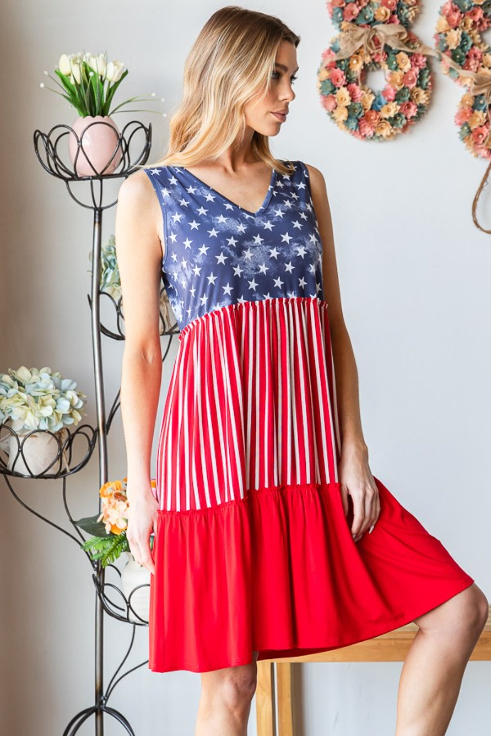 Heimish Full Size US Flag Theme Contrast Tank Dress