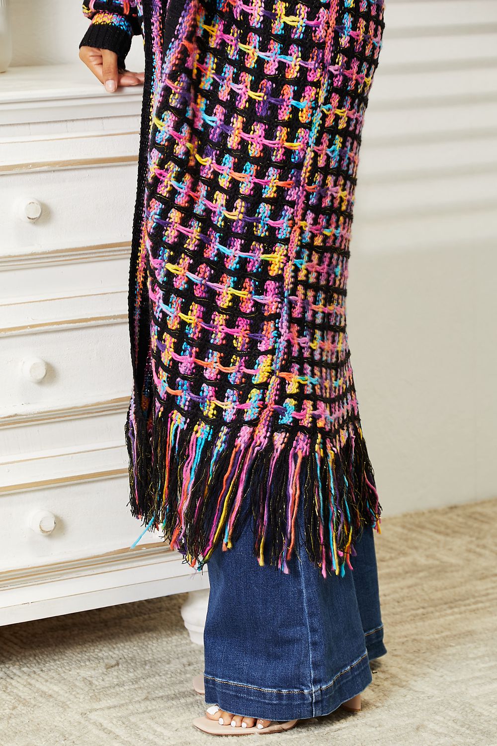 Full Size Multicolored Open Front Fringe Hem Cardigan