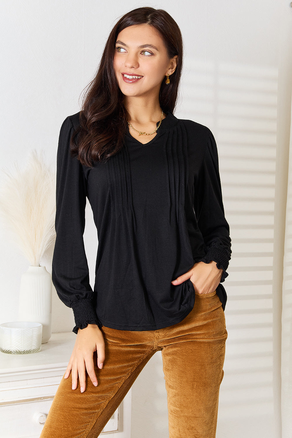 Ruched Notched Neck Puff Sleeve Blouse