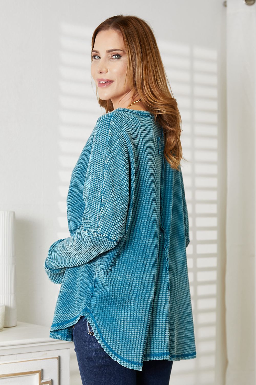 Zenana Full Size Washed Baby Waffle Oversized Long Sleeve Top