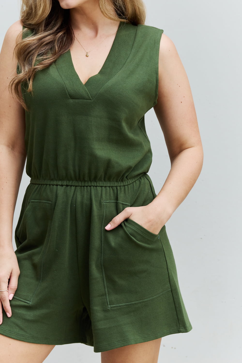 Zenana Forever Yours Full Size V-Neck Sleeveless Romper in Army Green