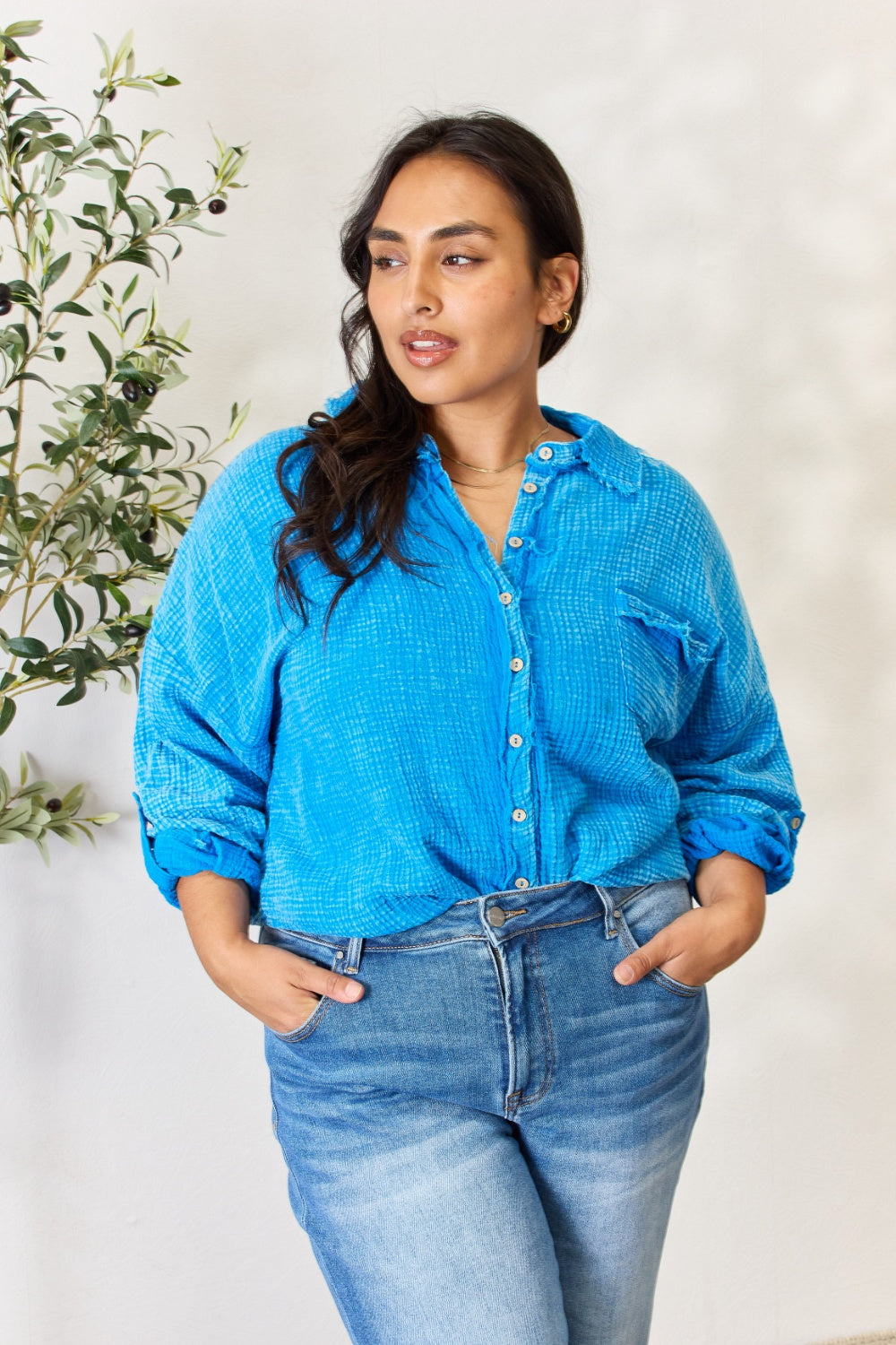 Zenana Full Size Washed Raw Trim Button Down Shirt