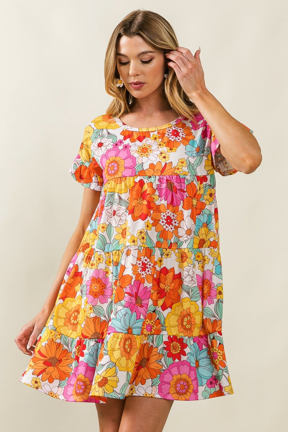 BiBi Floral Short Sleeve Tiered Dress