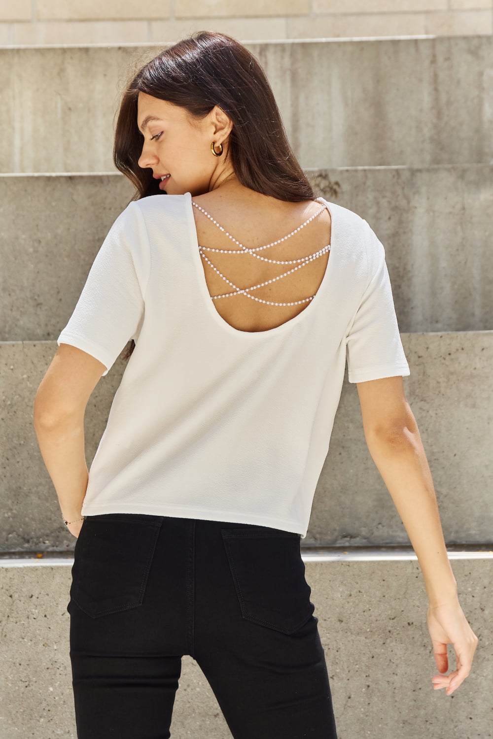 And The Why Pearly White Full Size Criss Cross Pearl Detail Open Back T-Shirt