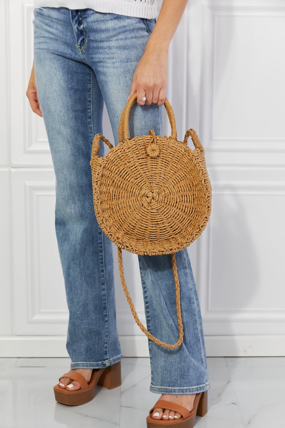 Justin Taylor Feeling Cute Rounded Rattan Handbag in Camel