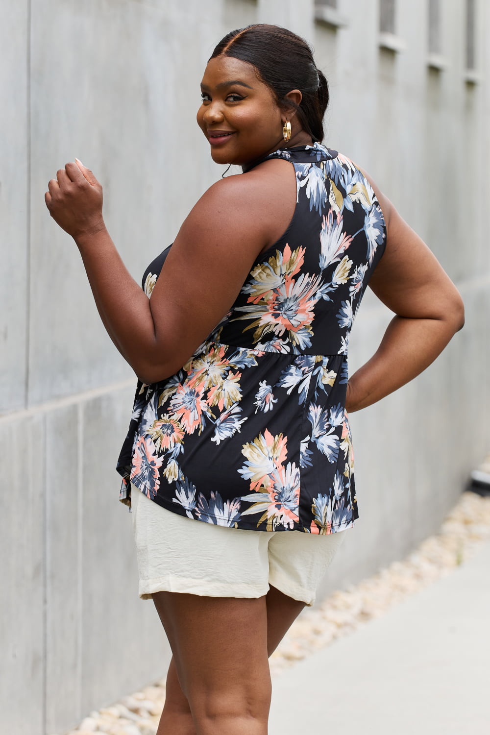 Be Stage Full Size Floral Halter Top in Black