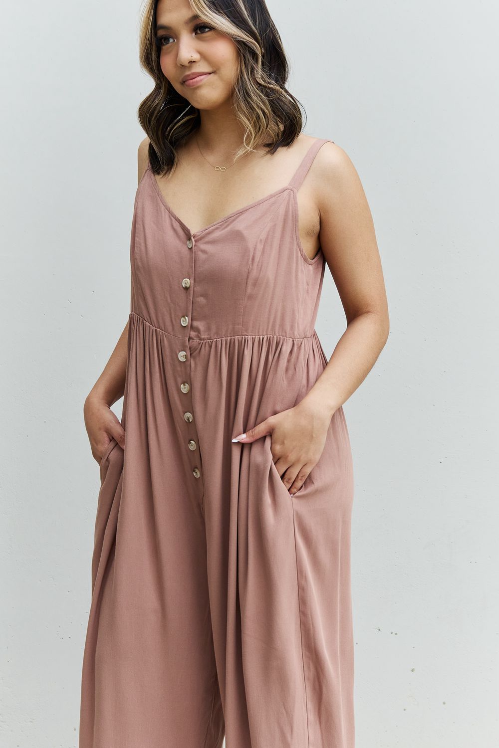 HEYSON All Day Full Size Wide Leg Button Down Jumpsuit in Mocha