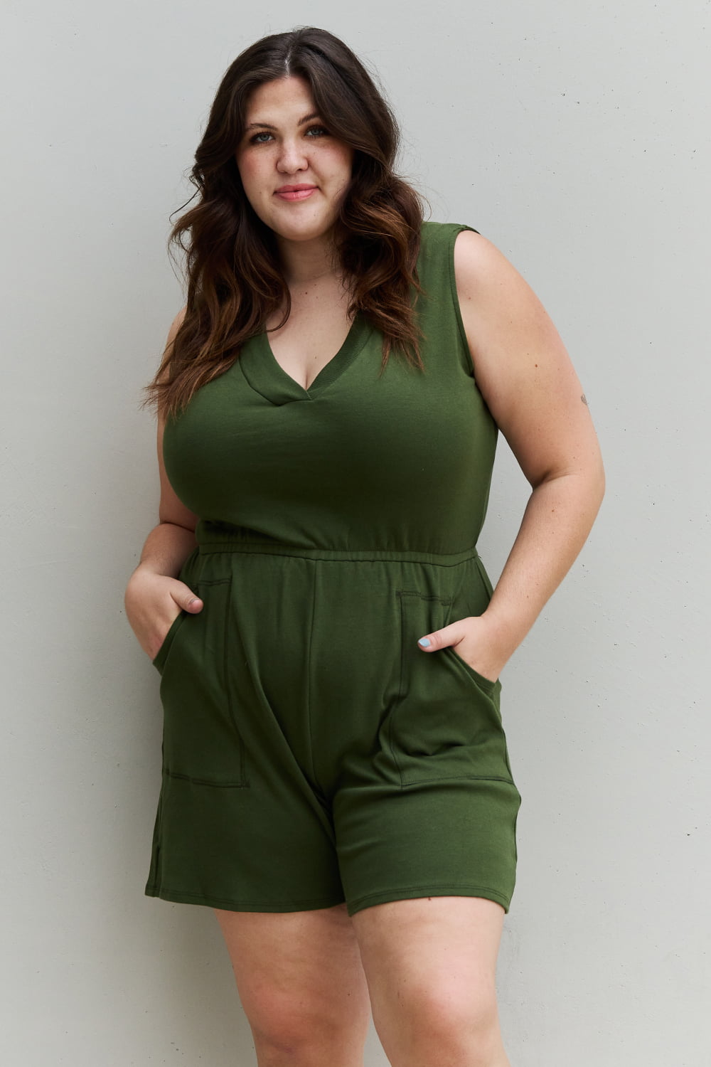 Zenana Forever Yours Full Size V-Neck Sleeveless Romper in Army Green