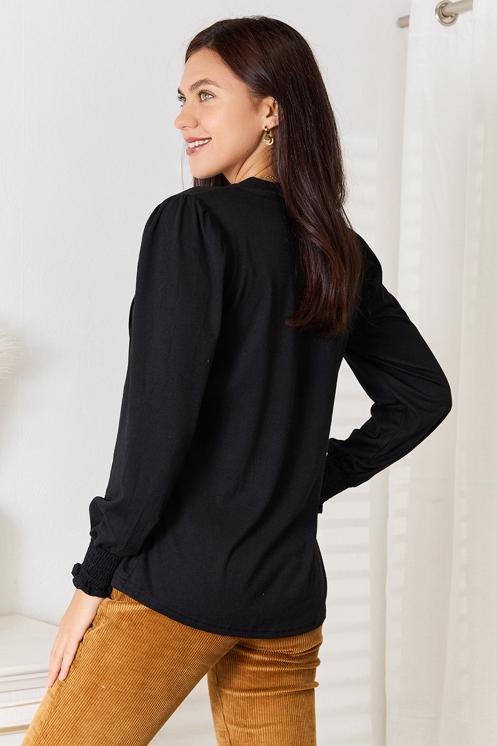 Ruched Notched Neck Puff Sleeve Blouse