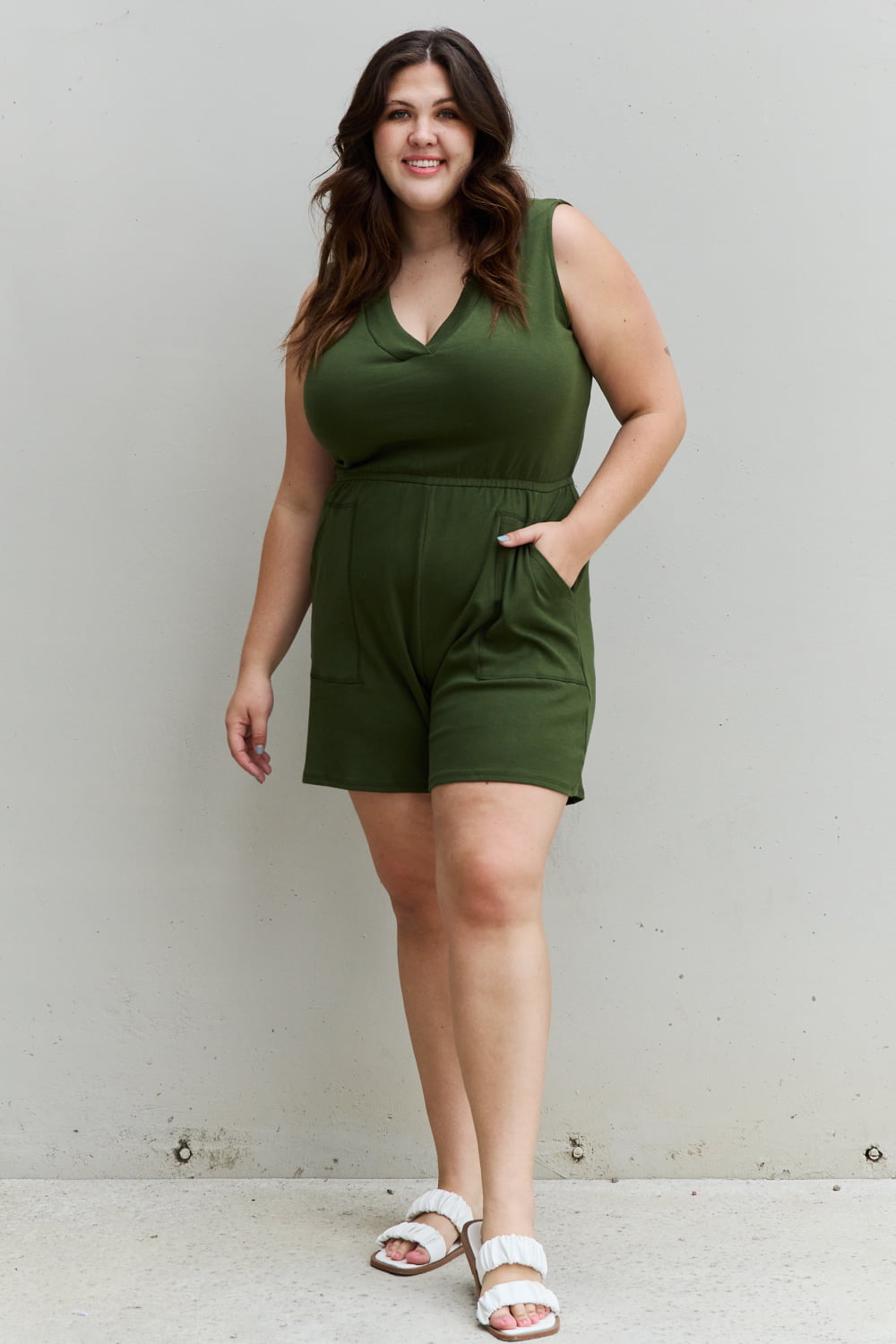 Zenana Forever Yours Full Size V-Neck Sleeveless Romper in Army Green