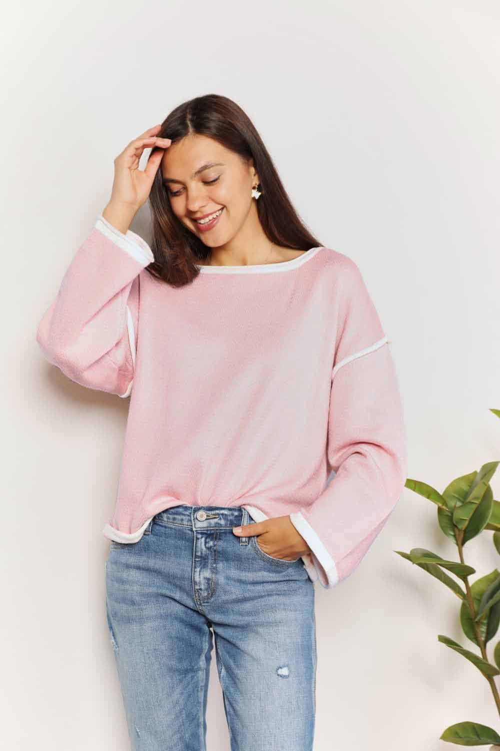 Contrast Detail Dropped Shoulder Knit Top