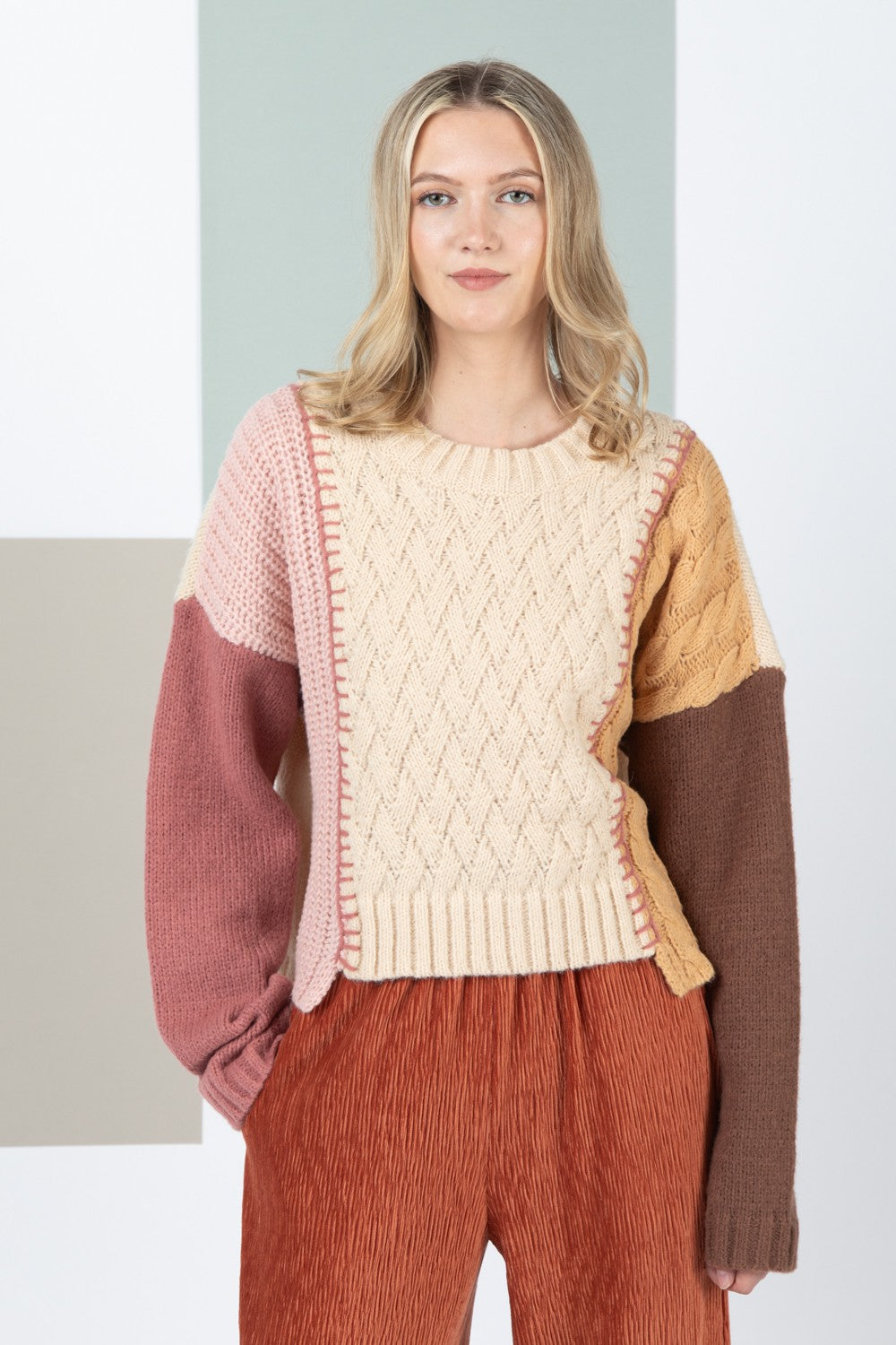 VERY J Color Block Cable Knit Long Sleeve Sweater