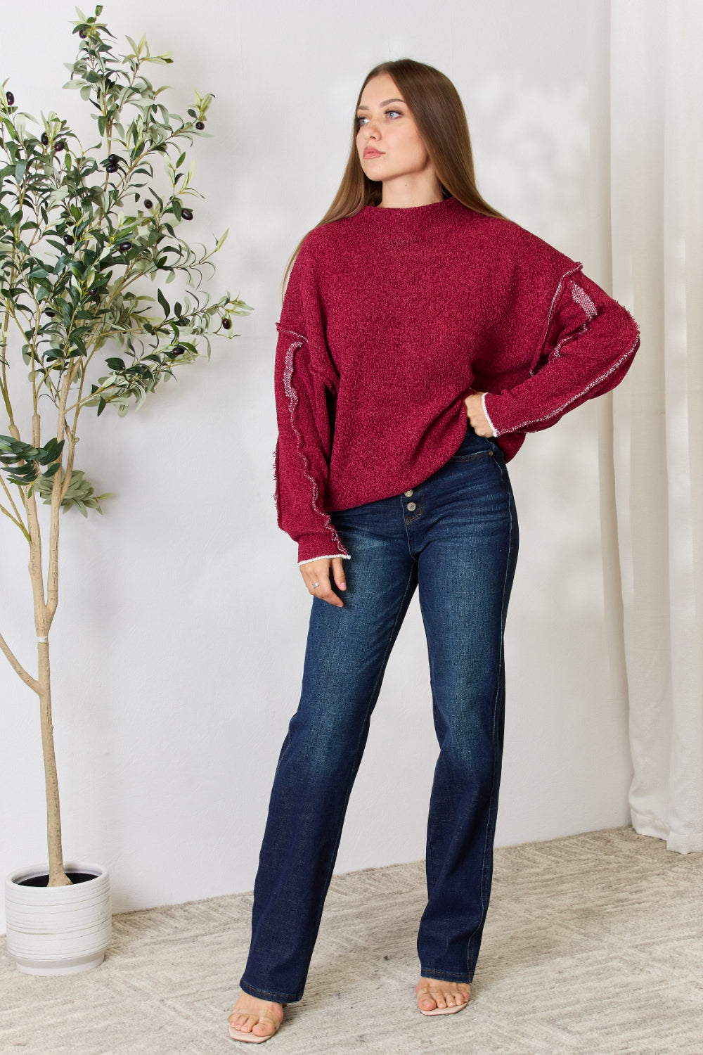 Zenana Exposed Seam Mock Neck Long Sleeve Blouse